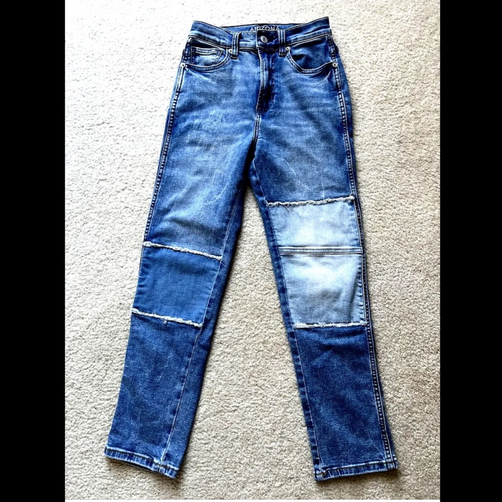 Arizona Jean Co. Patchwork Highest Rise Slim Straight Jeans Size 3 Juniors EUC